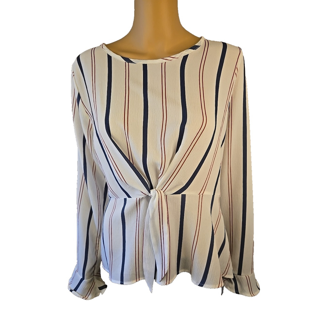 Newbury Kustom Women's Ivory Red Blue Striped Long Sleeve Top Size Large